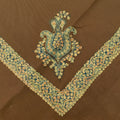 Thalj Kashmiri pashmina ghutra with a teal paisley corner motif and a broad mint and ivory floral scroll border on a coffee brown ground